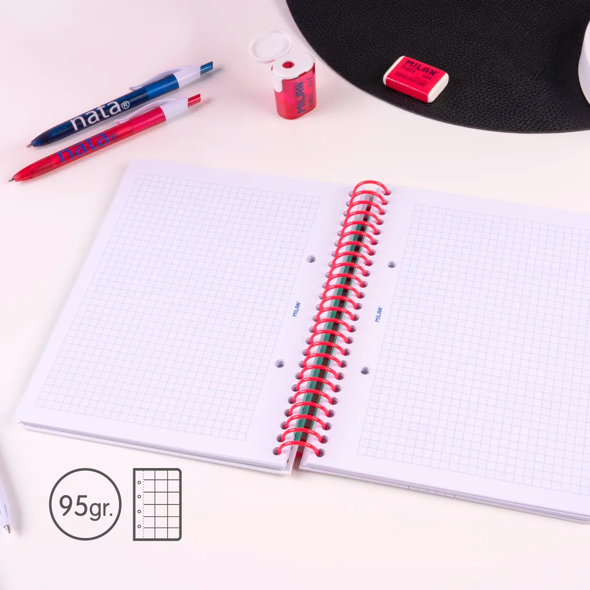 Pack 3 cuadernos A5 con espiral y tapa dura, papel cuadriculado, 80 hojas de 95gr/m², colección MILAN nata® 624 since 1918