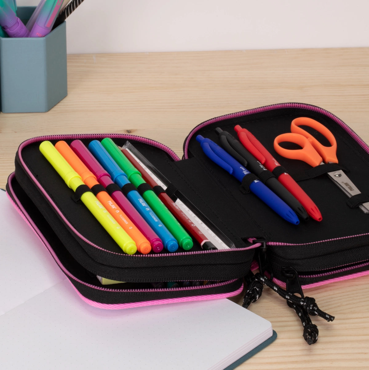 Estuche escolar triple con contenido, Sunset