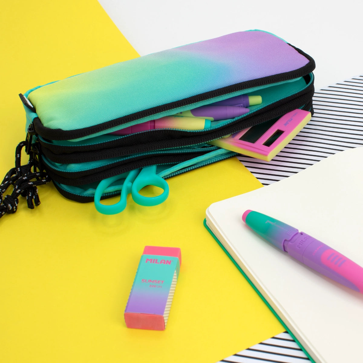 Estuche escolar con 3 cremalleras, Sunset
