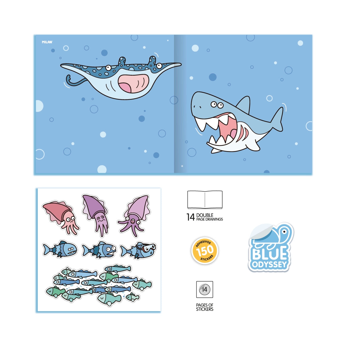 Cuaderno con adhesivos para colorear 'Blue odissey'