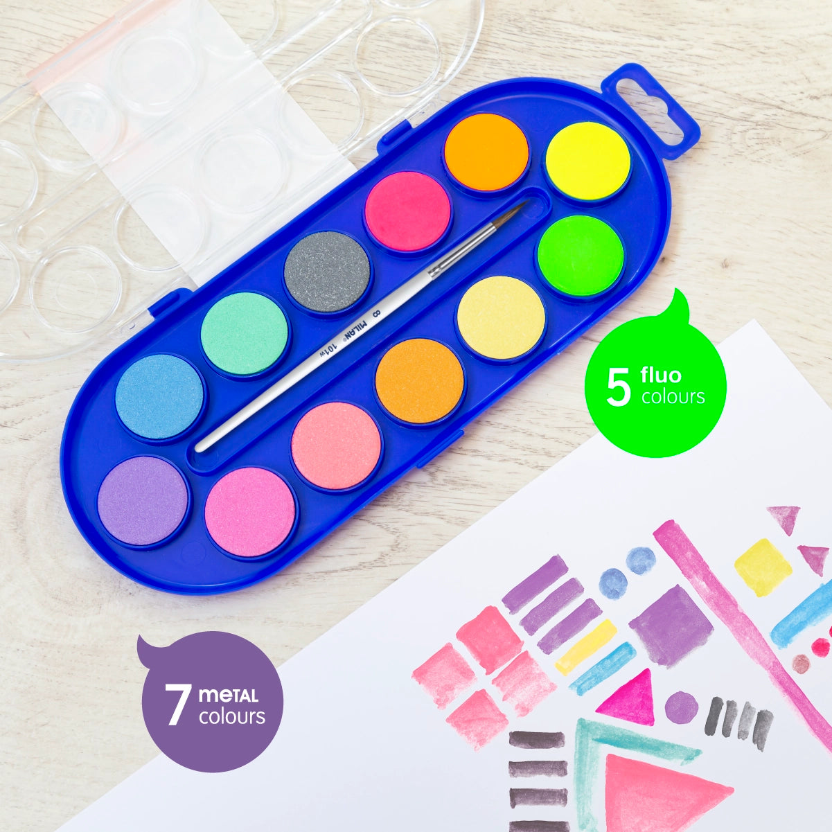 12 pastillas acuarelas Ø 30 mm colores fluo y metalizados + pincel