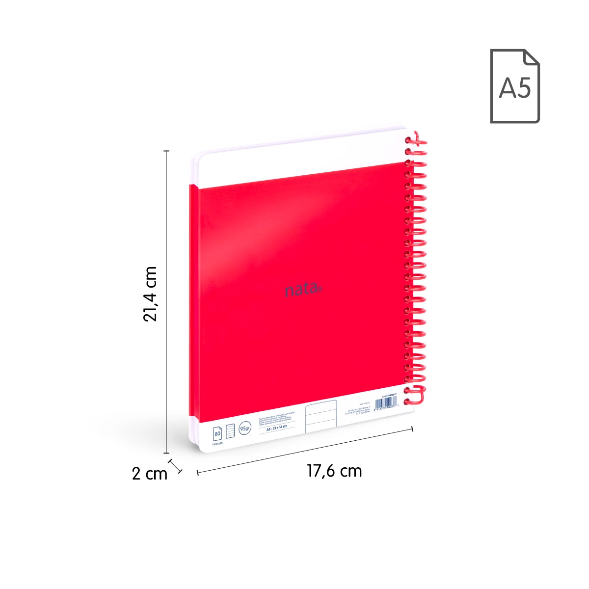 Pack 3 cuadernos A5 con espiral y tapa dura, papel a líneas (7 mm), 80 hojas de 95 gr/m², colección MILAN nata® 624 since 1918