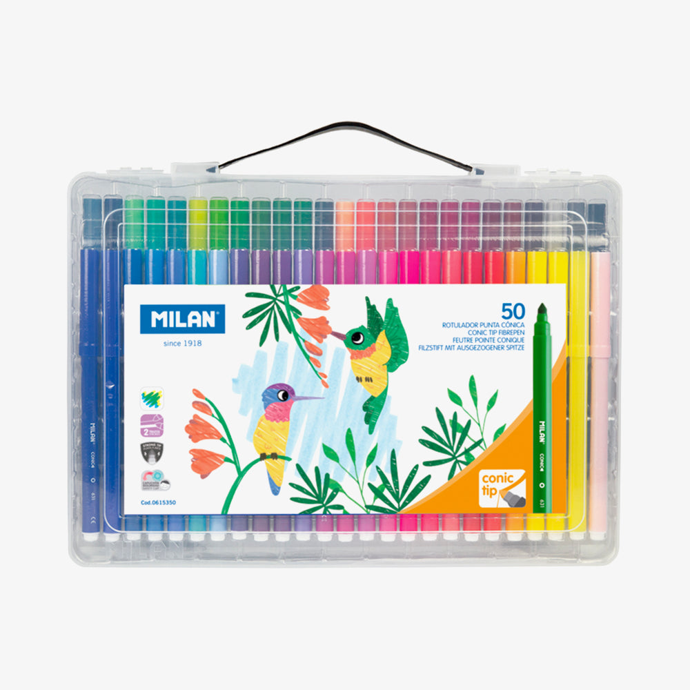 Maletín 50 rotuladores de colores, punta cónica