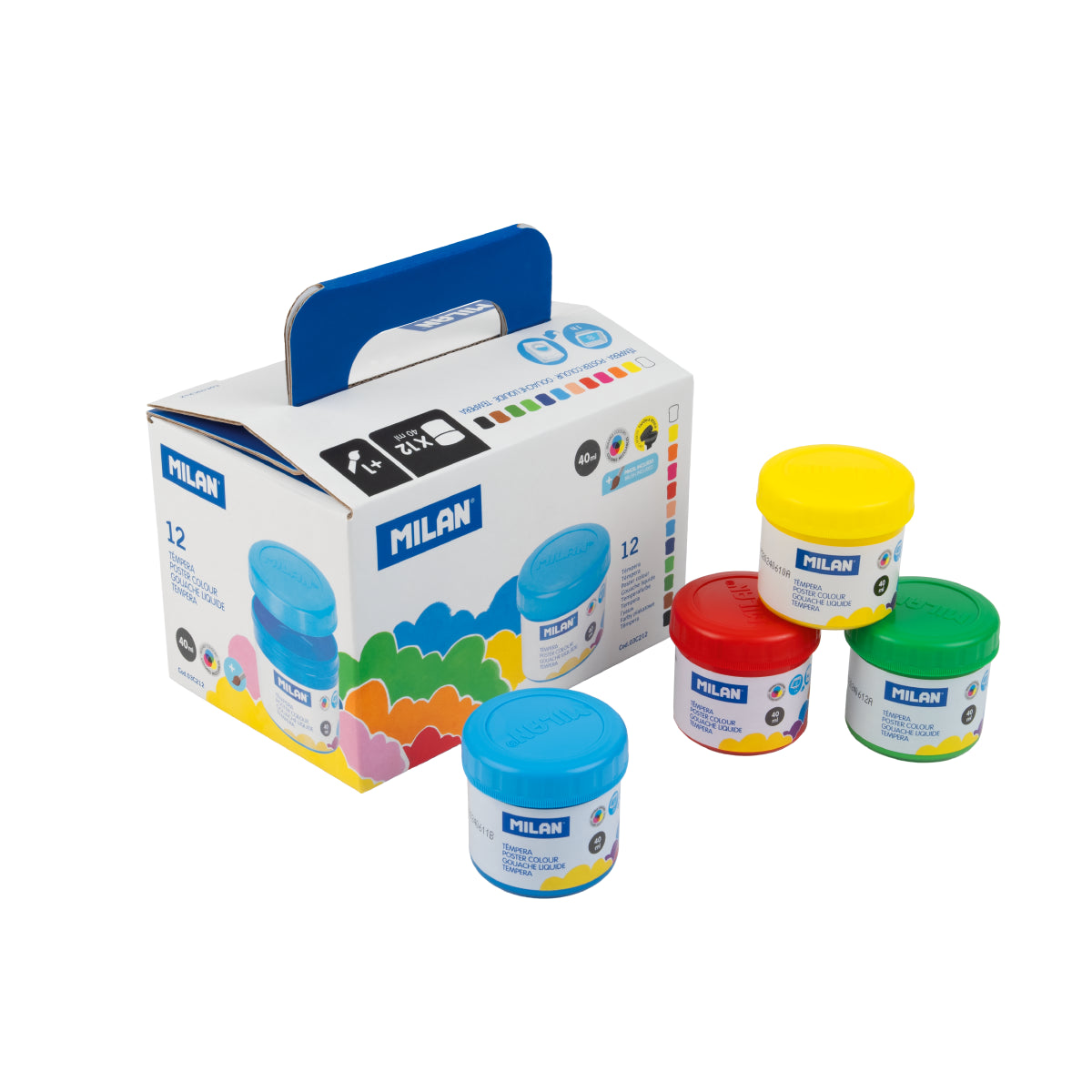 12 pinturas témpera colores surtidos con pincel (caja 12 tarros 40 ml)