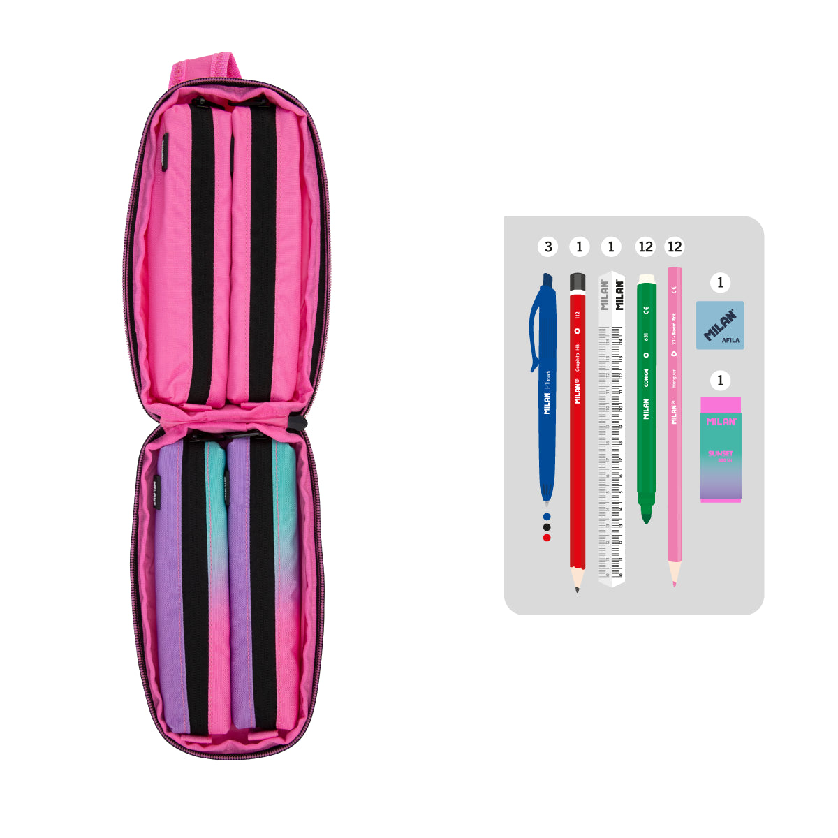 Kit de 4 estuches escolares con contenido, Sunset