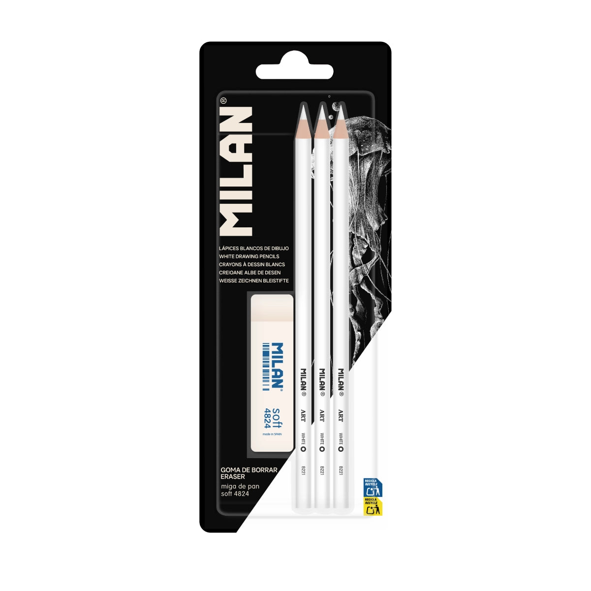 3 lápices blancos para dibujo + goma de borrar