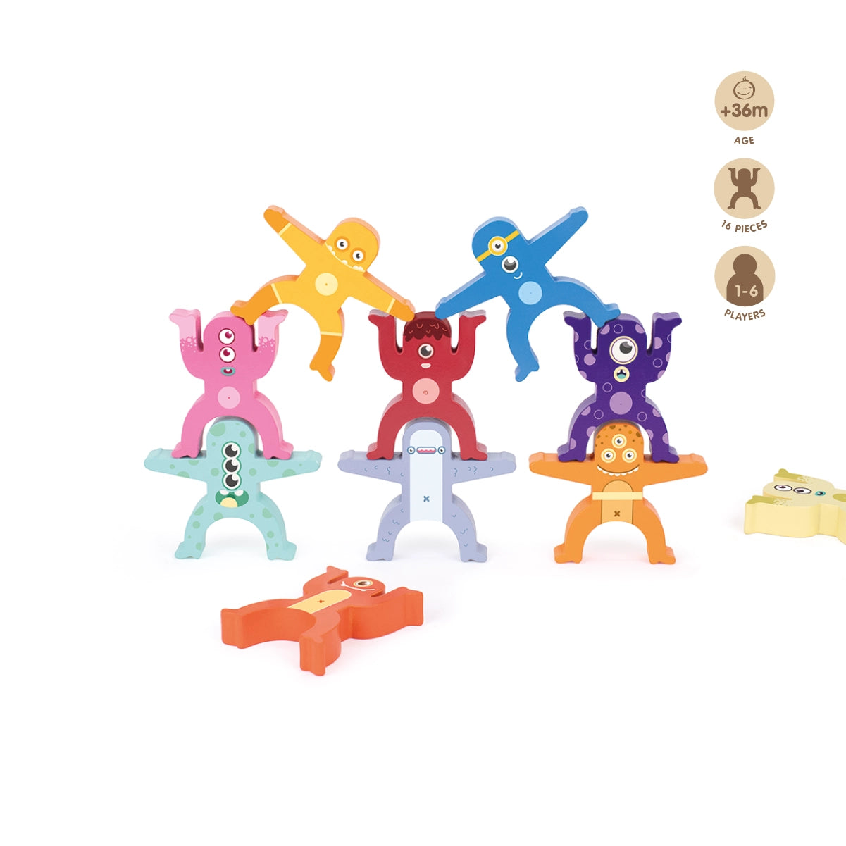Joguina de fusta per fer torres de figures apilables i equilibris 'Aliens Tower'