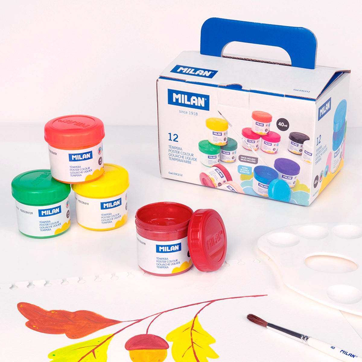 12 pinturas témpera colores surtidos con pincel (caja 12 tarros 40 ml)