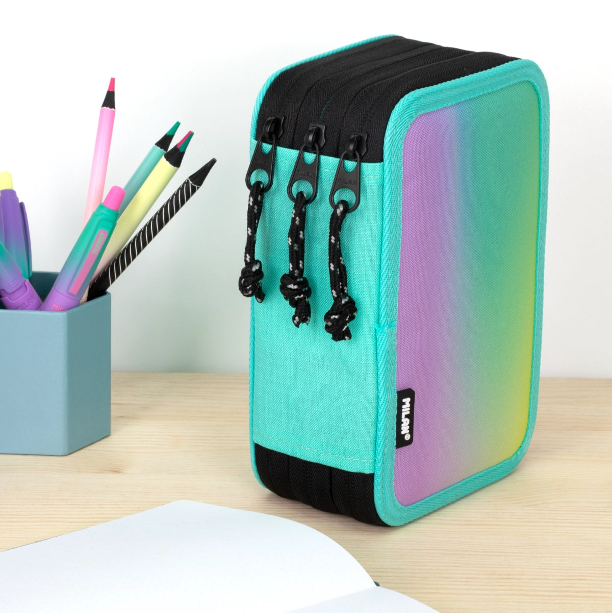 Estuche escolar triple con contenido, Sunset