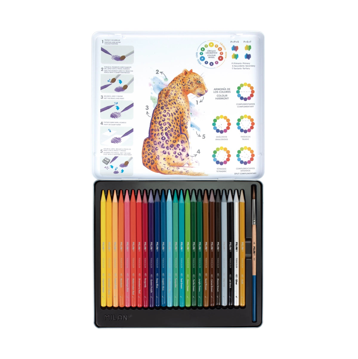 24 lápices de colores acuarelables todo mina + pincel, en caja metálica