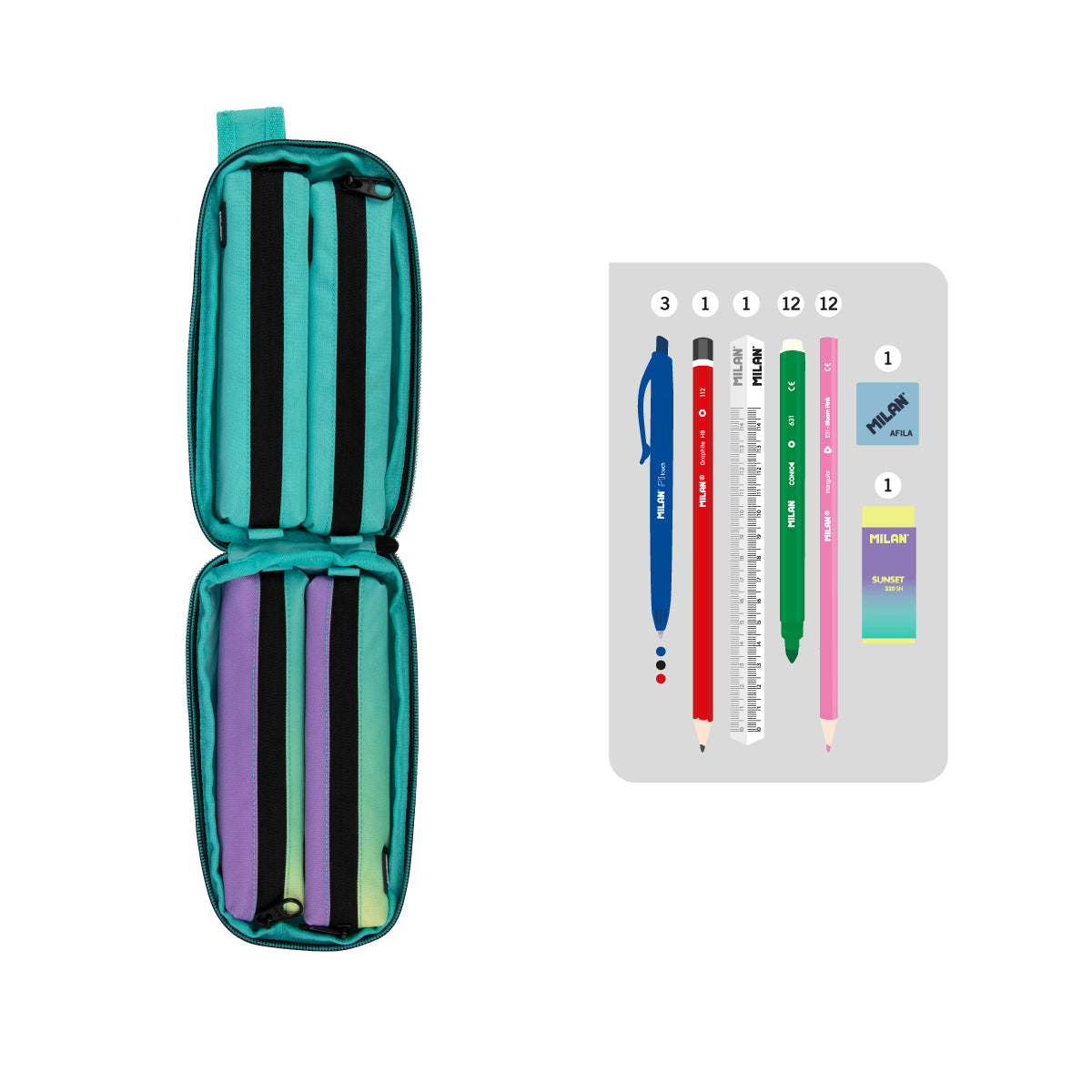 Kit de 4 estuches escolares con contenido, Sunset