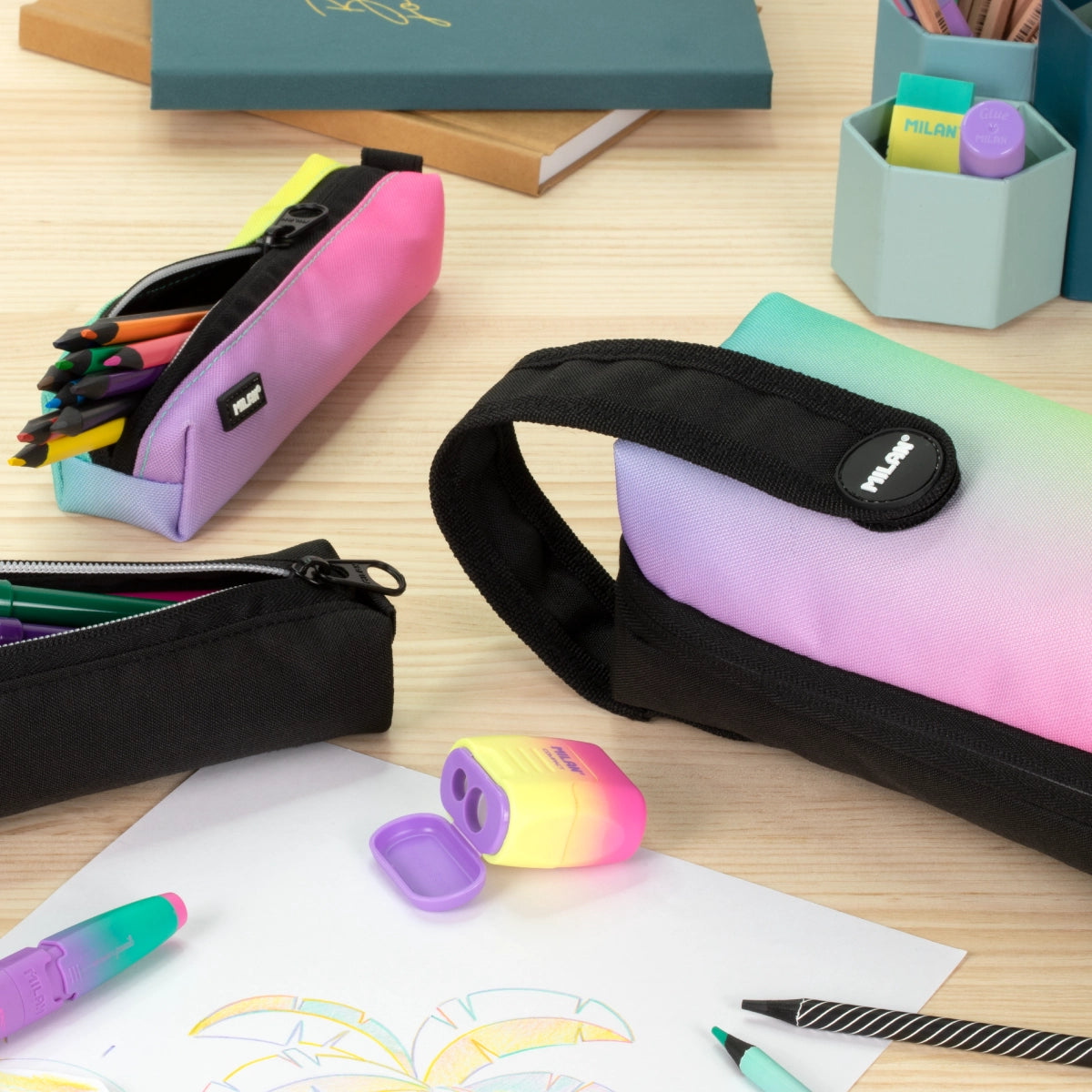Kit de 4 estuches escolares con contenido, Sunset