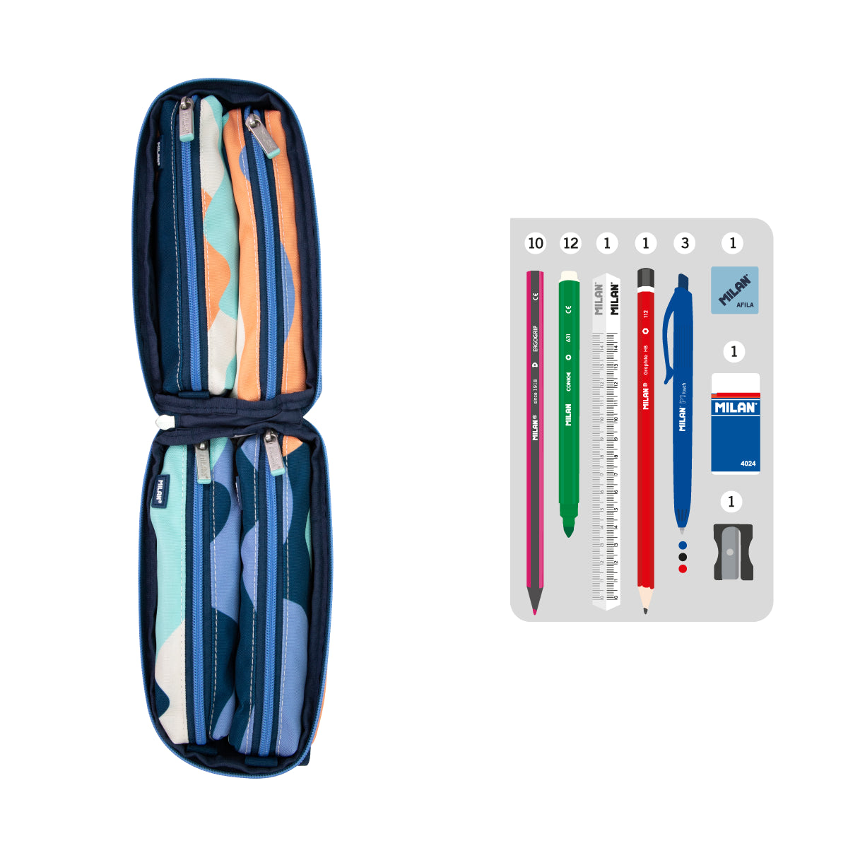 Kit de 4 estuches escolares con contenido, The Fun