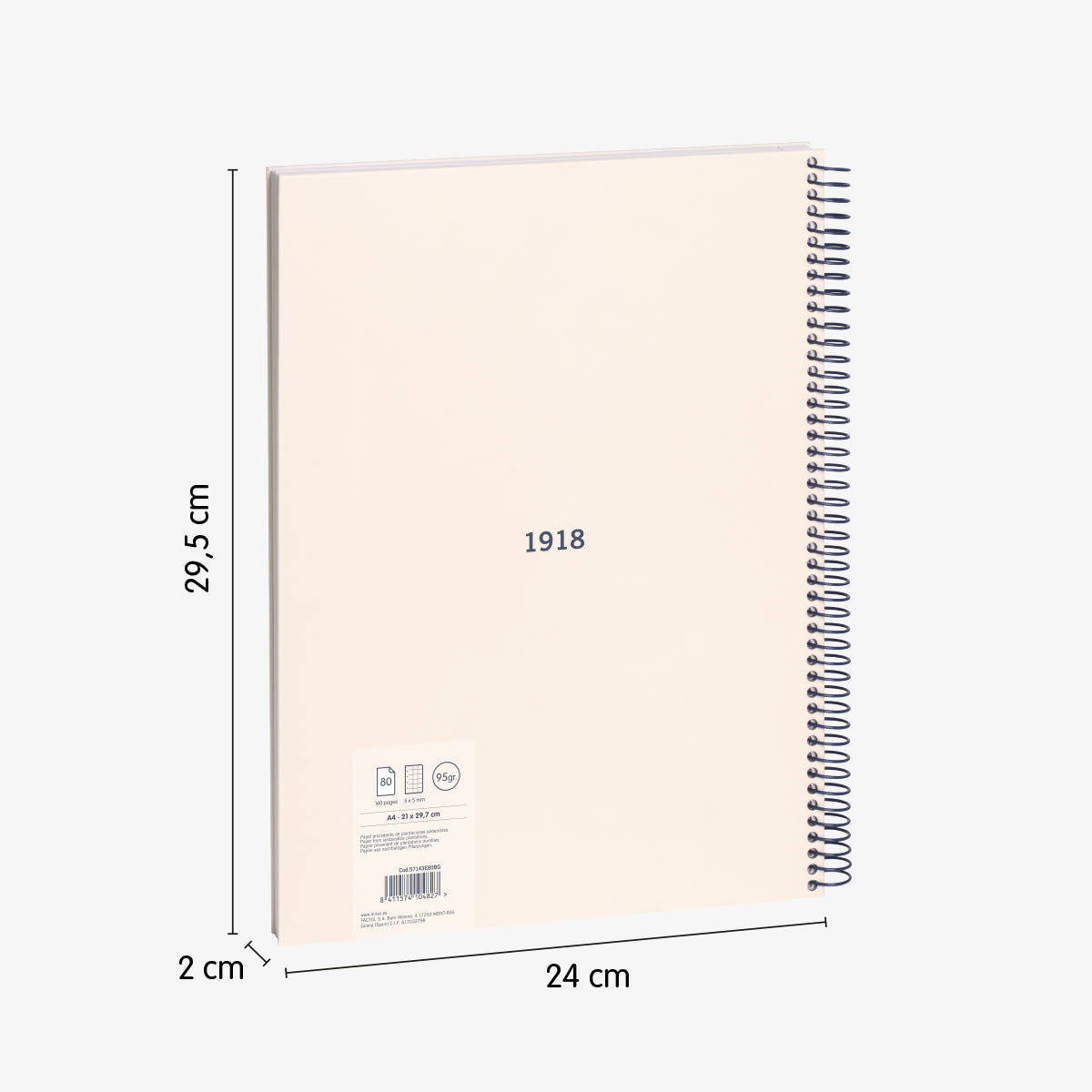 Llibreta A4 amb espiral i tapa dura, quadrícula 5 x 5 mm, 80 fulls de 95 gr/m², 430 since 1918