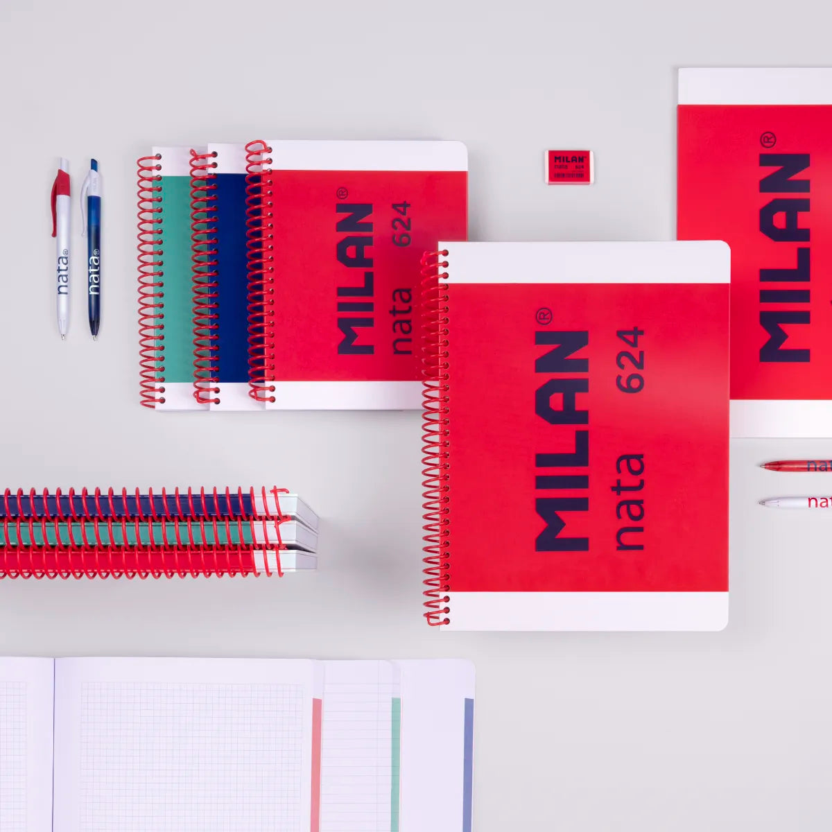 Pack 3 cuadernos A4 con espiral y tapa dura, papel cuadriculado, 80 hojas de 95gr/m², colección MILAN nata® 624 since 1918