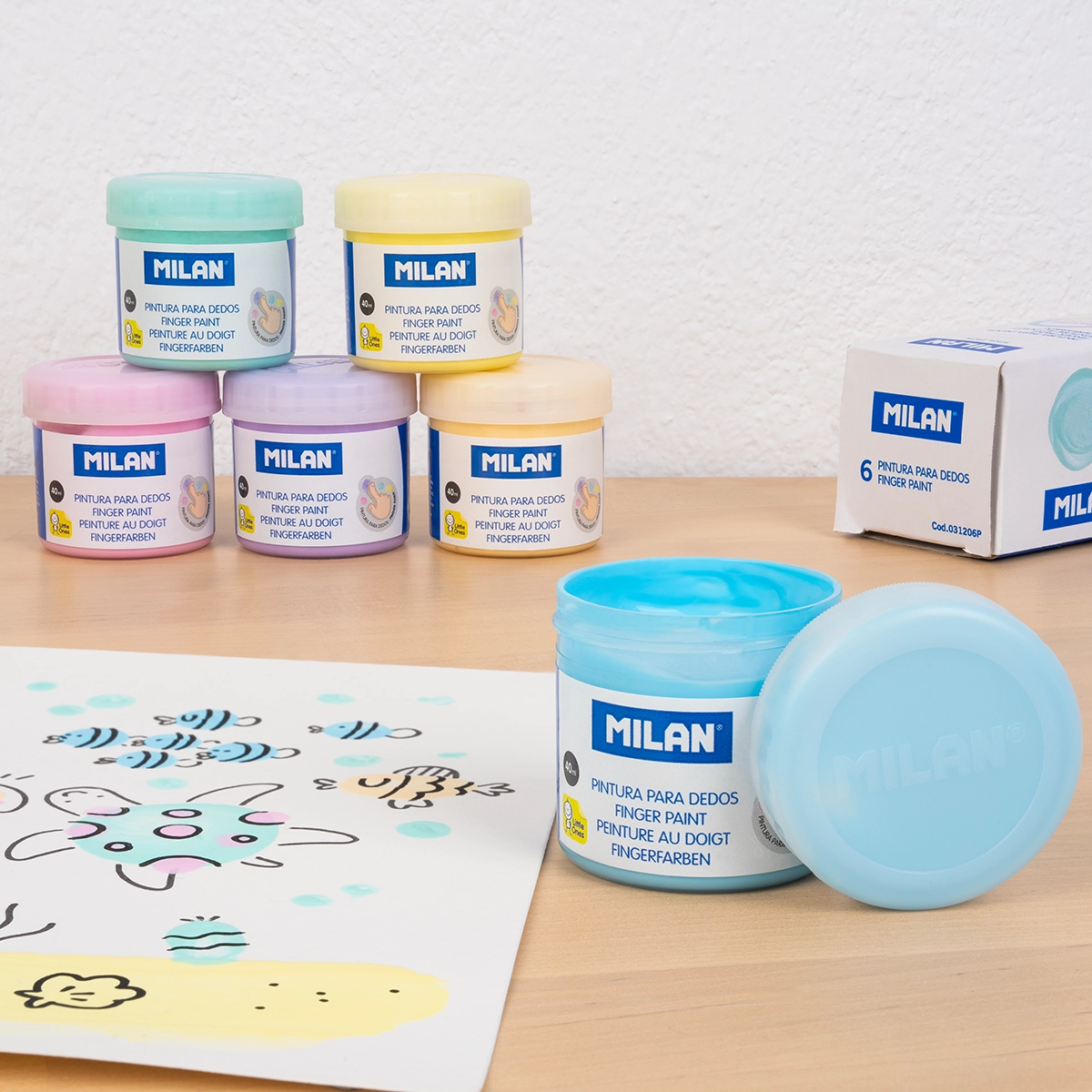 6 pinturas para dedos colores pastel (caja 6 tarros 40 ml)