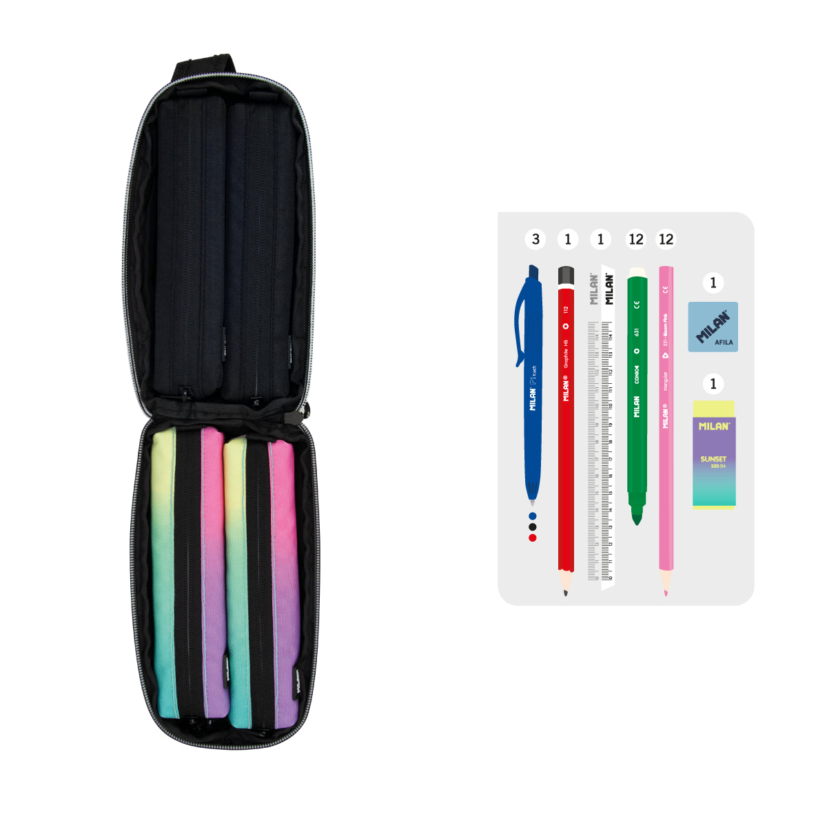 Kit de 4 estuches escolares con contenido, Sunset