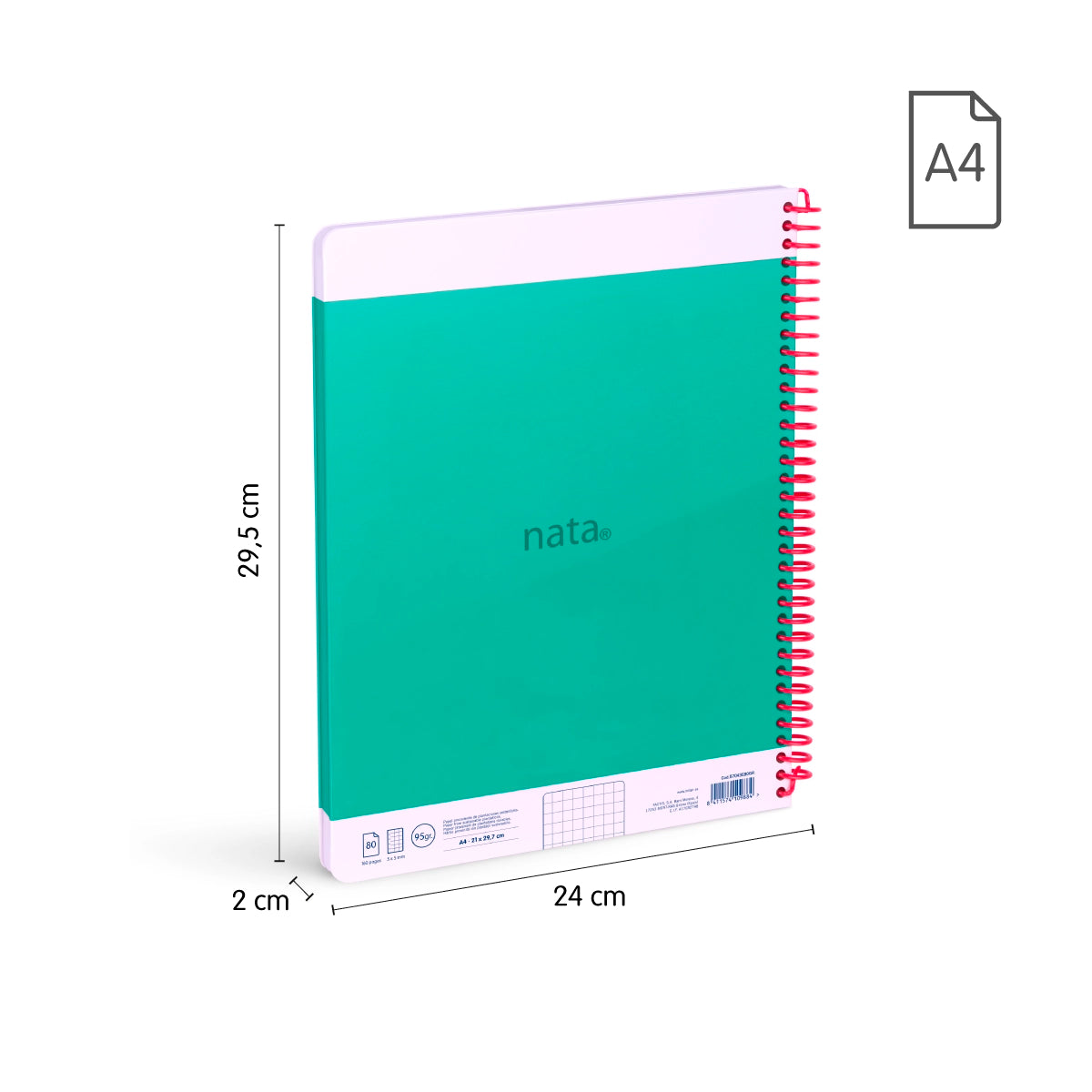 Pack 3 cuadernos A4 con espiral y tapa dura, papel cuadriculado, 80 hojas de 95gr/m², colección MILAN nata® 624 since 1918