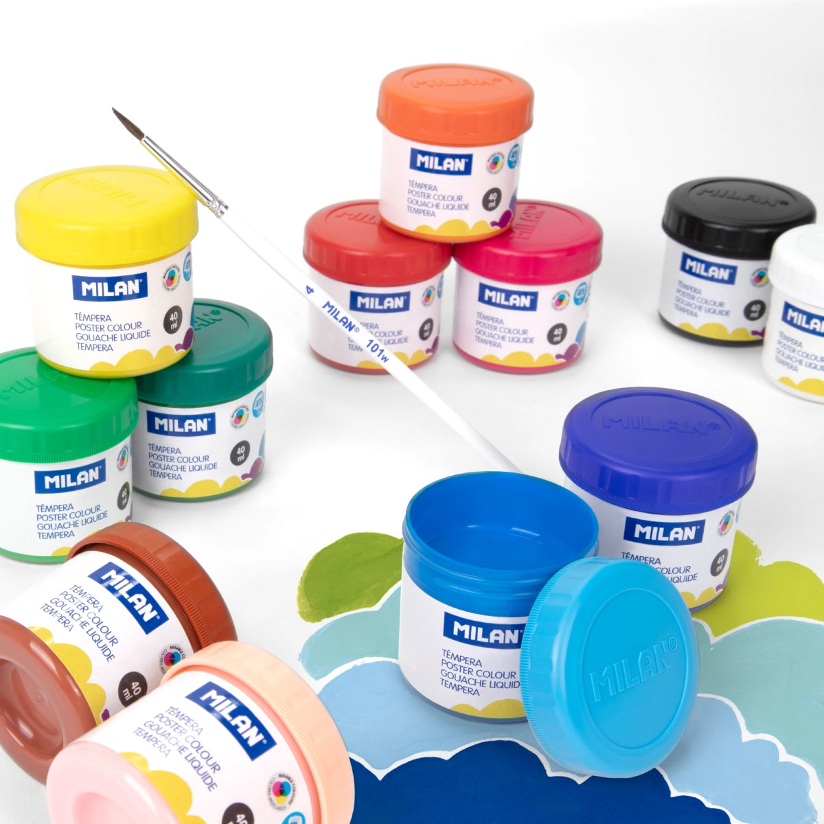 12 pinturas témpera colores surtidos con pincel (caja 12 tarros 40 ml)