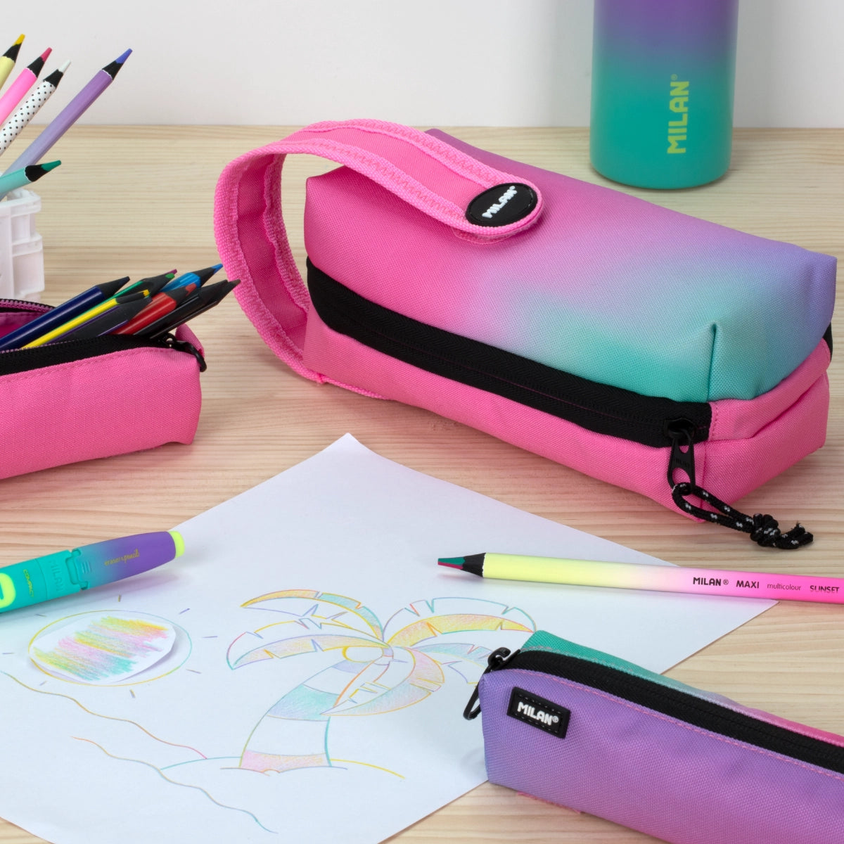 Kit de 4 estuches escolares con contenido, Sunset