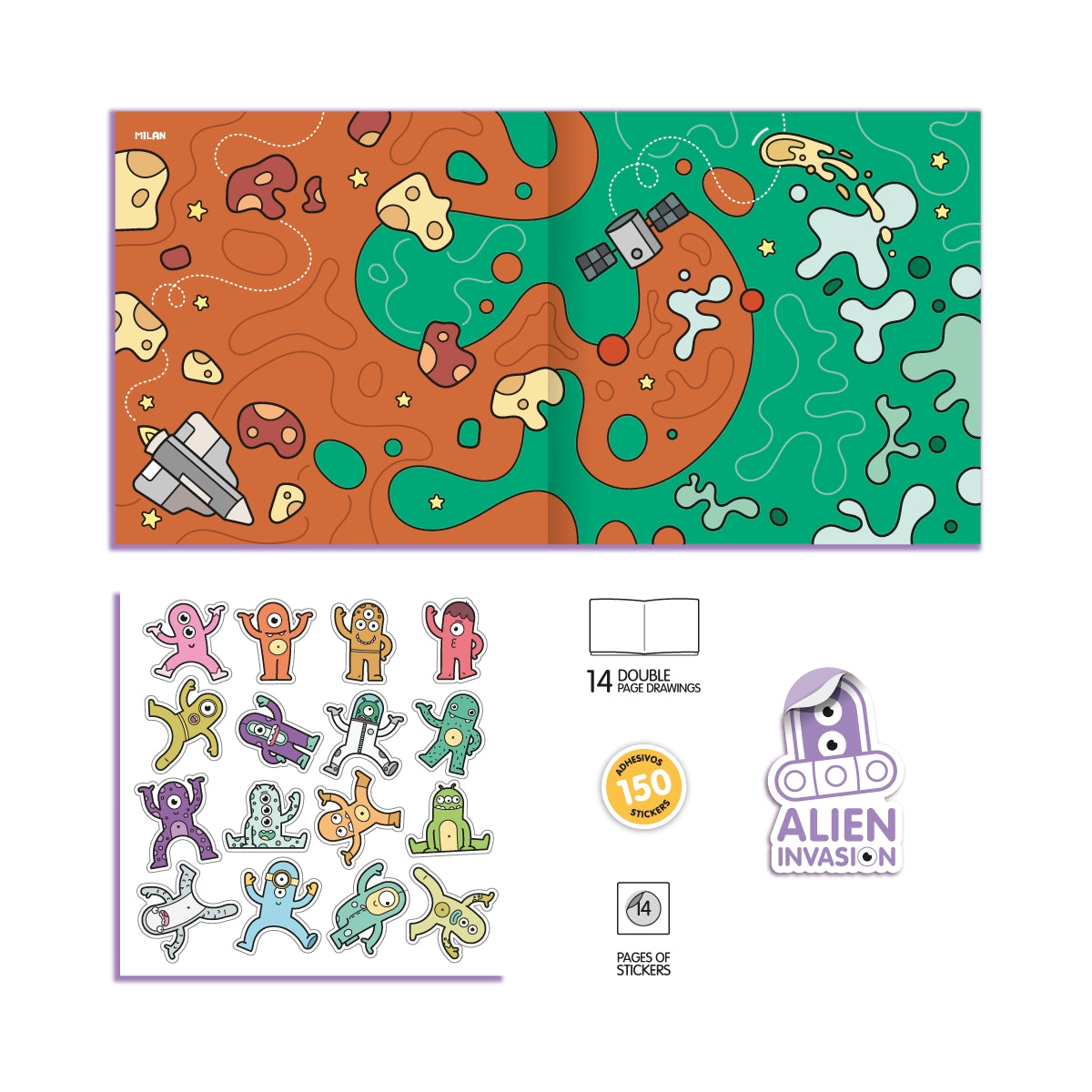 Cuaderno con adhesivos para colorear 'Alien invasion'