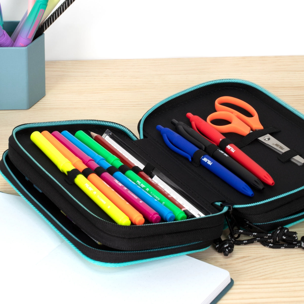 Estuche escolar triple con contenido, Sunset