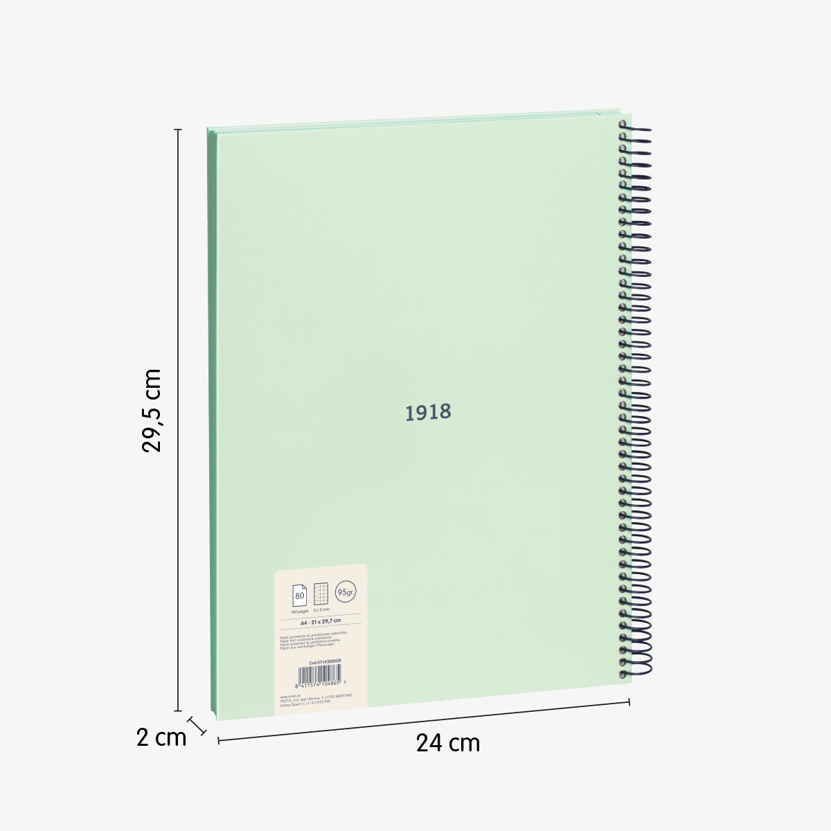 Llibreta A4 amb espiral i tapa dura, quadrícula 5 x 5 mm, 80 fulls de 95 gr/m², 430 since 1918