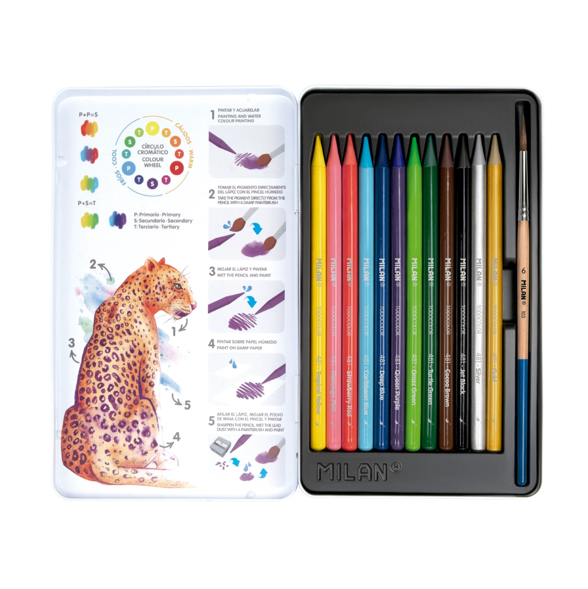 12 lápices de colores acuarelables todo mina + pincel, en caja metálica