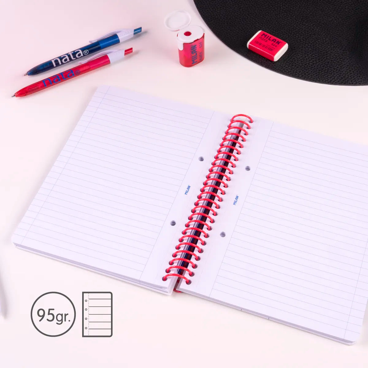 Pack 3 cuadernos A5 con espiral y tapa dura, papel a líneas (7 mm), 80 hojas de 95 gr/m², colección MILAN nata® 624 since 1918