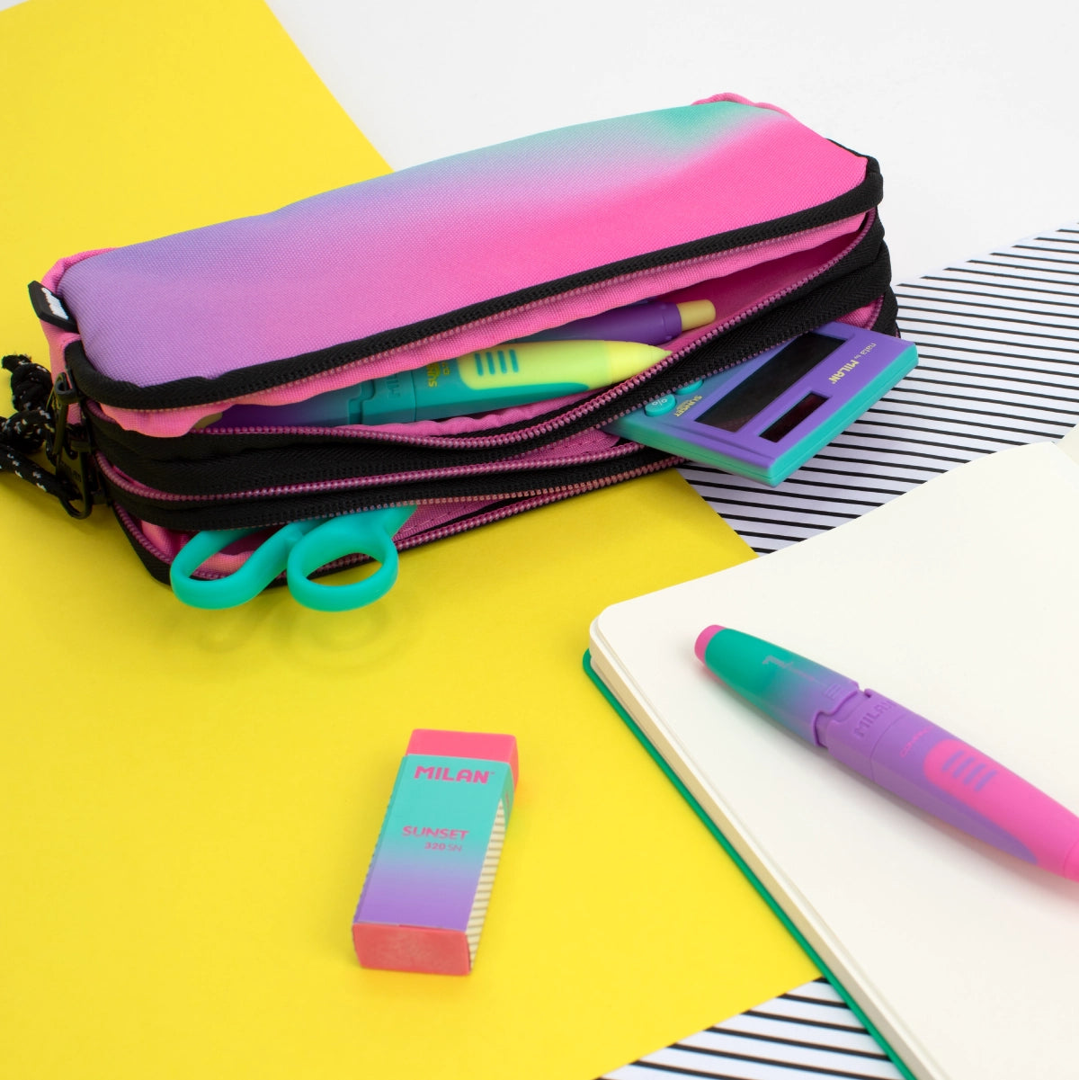 Estuche escolar con 3 cremalleras, Sunset
