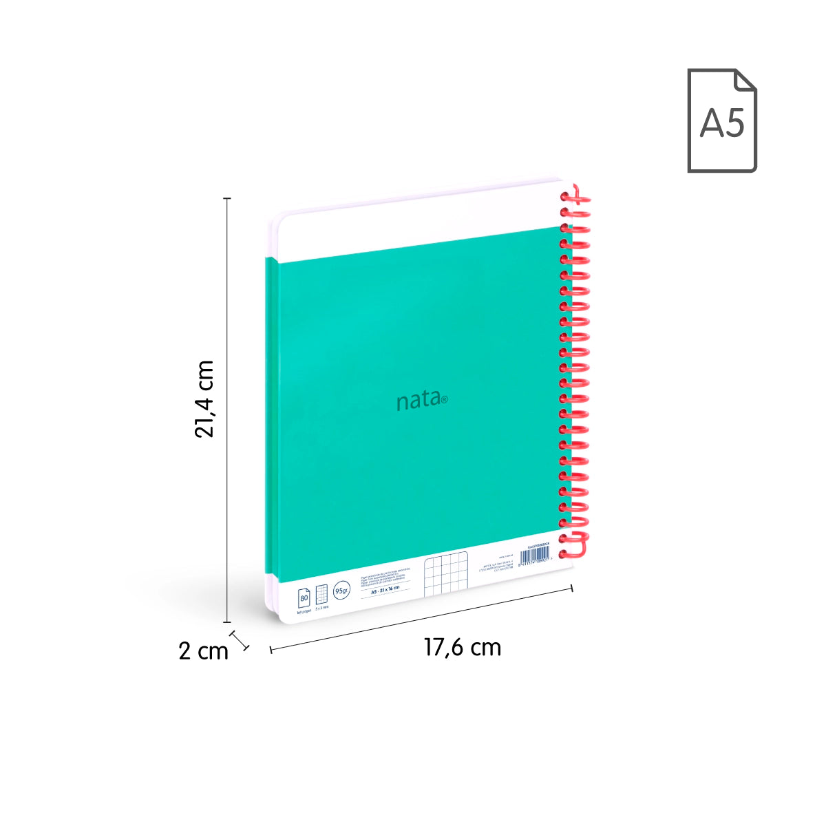 Pack 3 cuadernos A5 con espiral y tapa dura, papel cuadriculado, 80 hojas de 95gr/m², colección MILAN nata® 624 since 1918