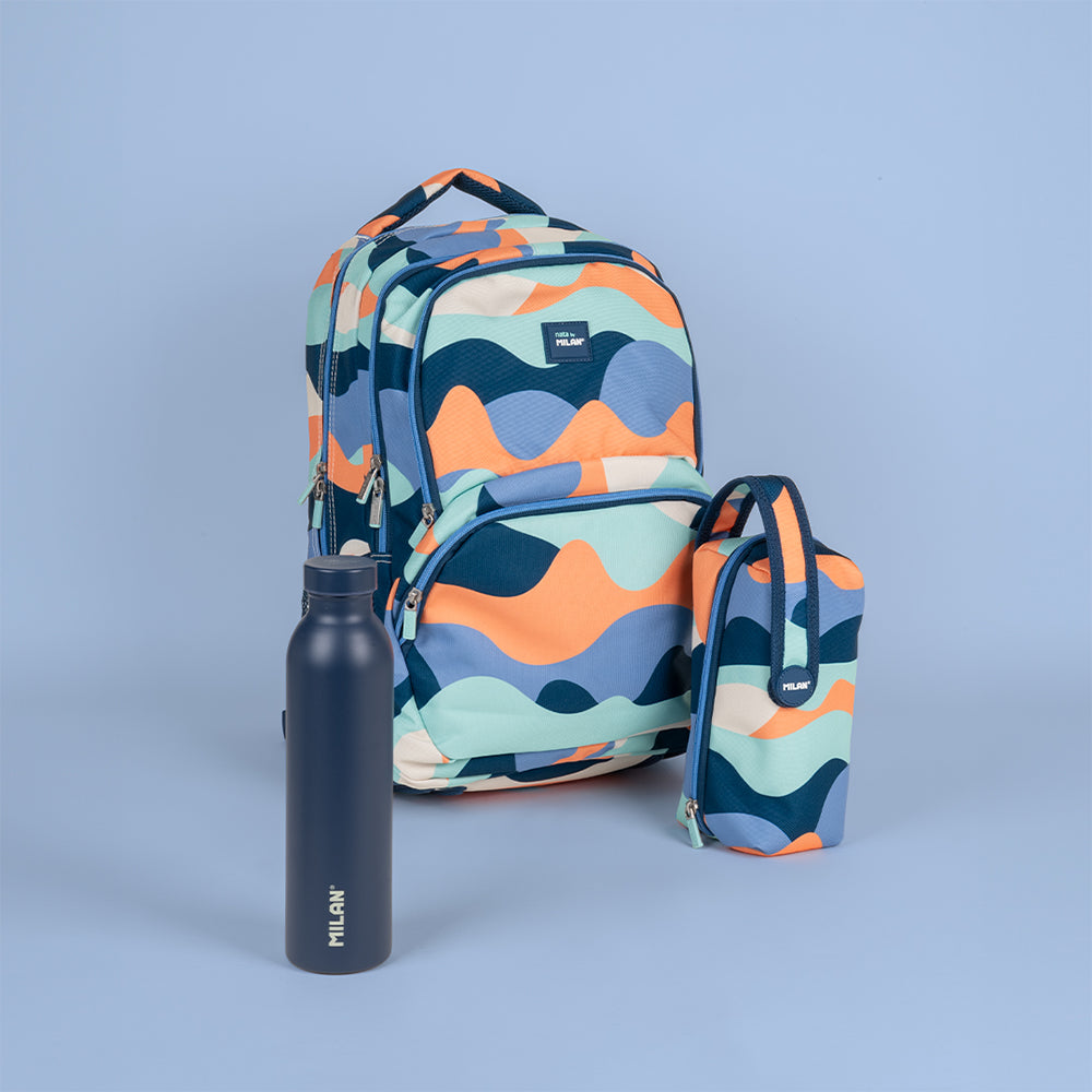 Pack ESCOLAR The Fun azul mochila kit 4 estuches botella