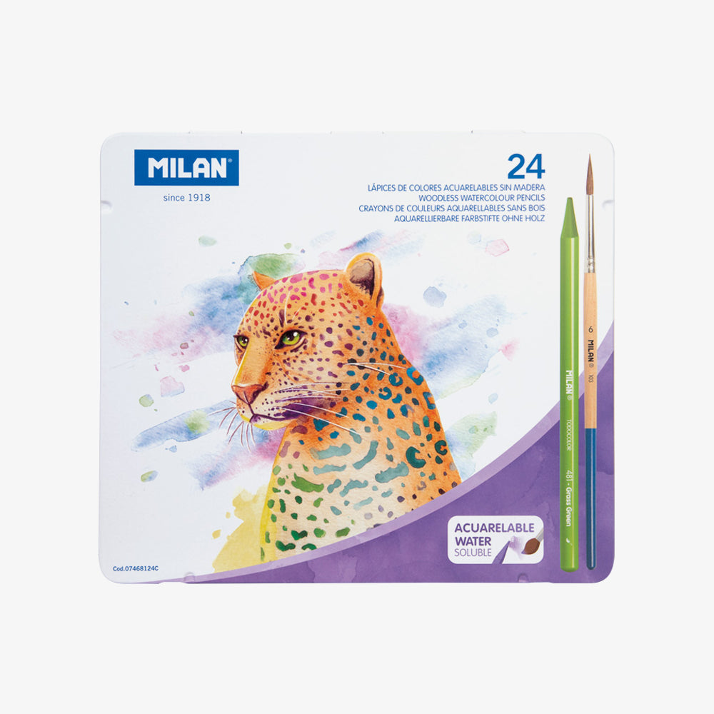 24 llapis de colors aquarel·lables tot mina + pinzell, en capsa metàl·lica