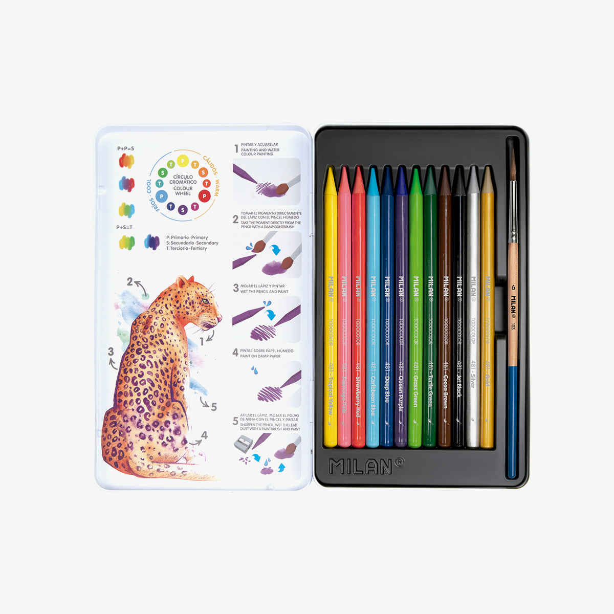 12 lápices de colores acuarelables todo mina + pincel, en caja metálica