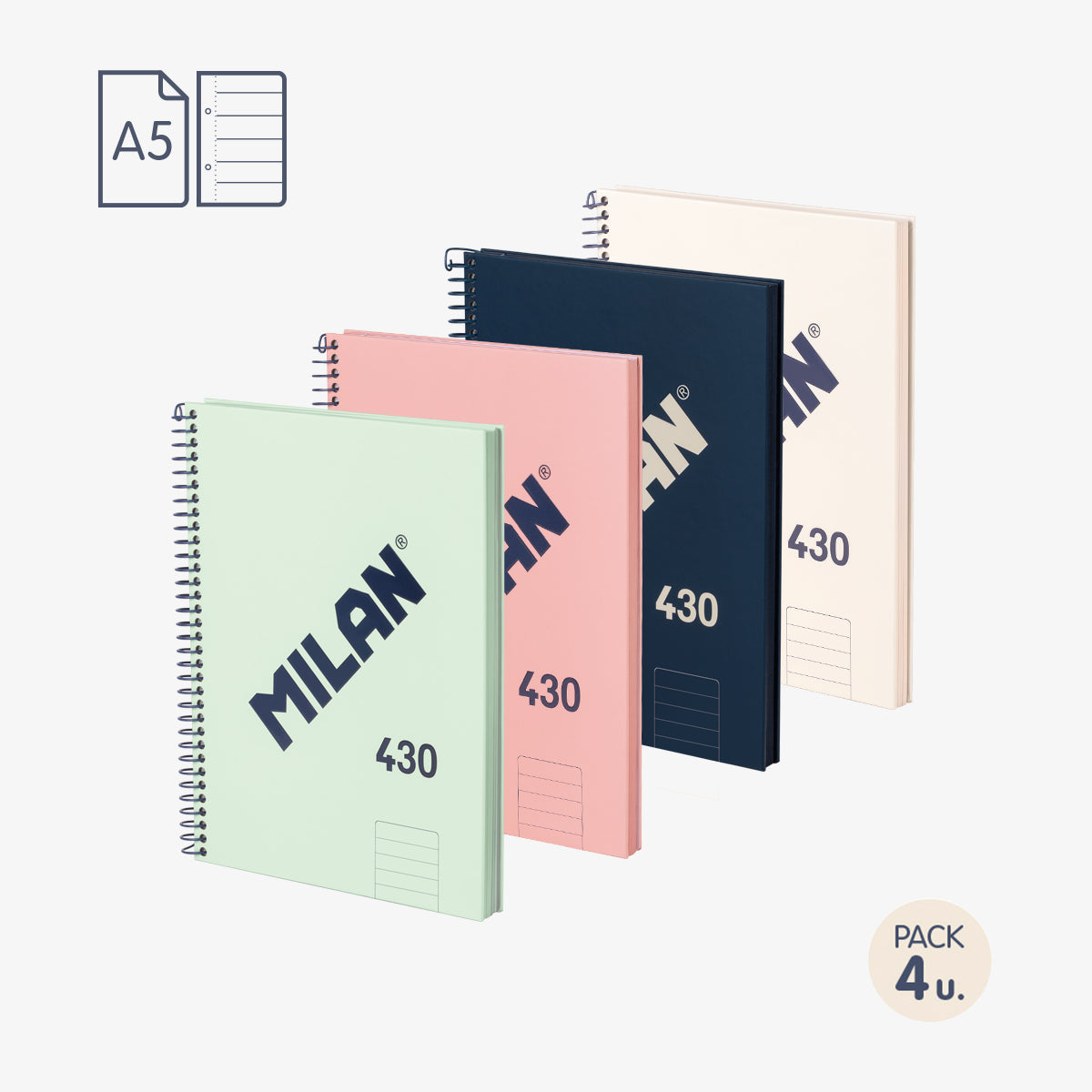 Cuadernos A5 con tapa dura, pauta a líneas 7 mm, 80 hojas de 95 gr/m², 430 since 1918 (pack 4 unidades)