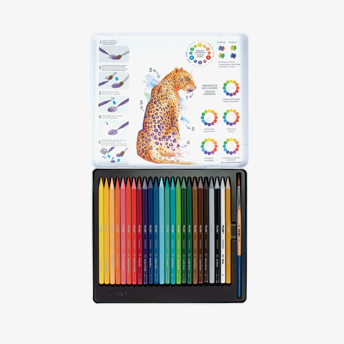24 lápices de colores acuarelables todo mina + pincel, en caja metálica