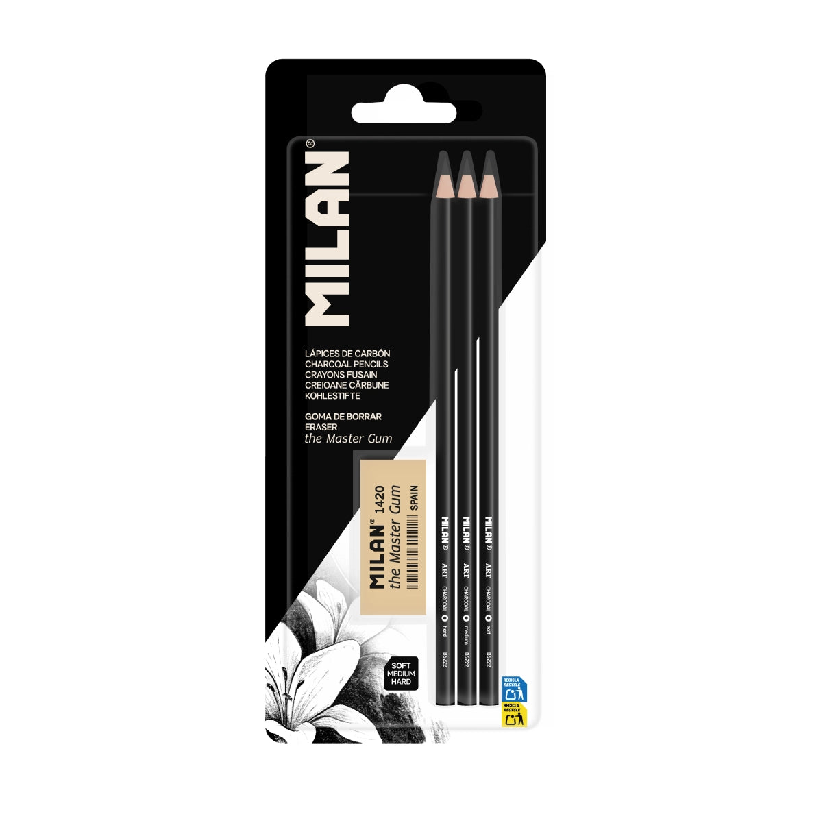 Blíster 3 lápices de carboncillo MILAN Art + goma The Master Gum