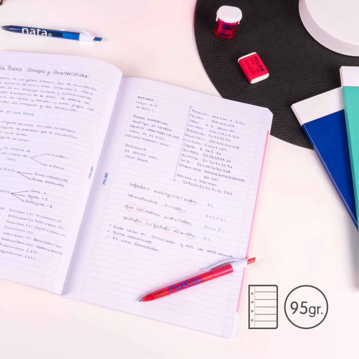 Pack 3 libretas A4 encoladas, papel a líneas (7 mm), 48 hojas de 95 gr/m², colección MILAN nata® 624 since 1918