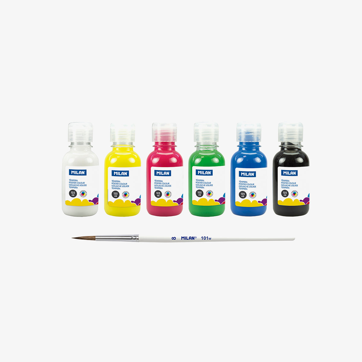 6 témperas de colores con pincel (6 botellas de 125 ml)