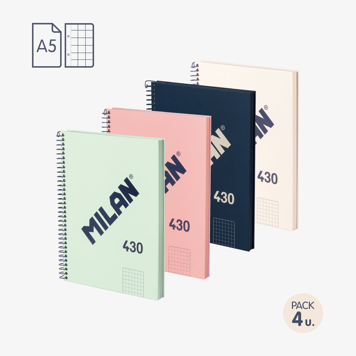 Cuadernos A5 con tapa dura, cuadrícula 5 x 5 mm, 80 hojas de 95 gr/m², 430 since 1918 (pack 4 unidades)